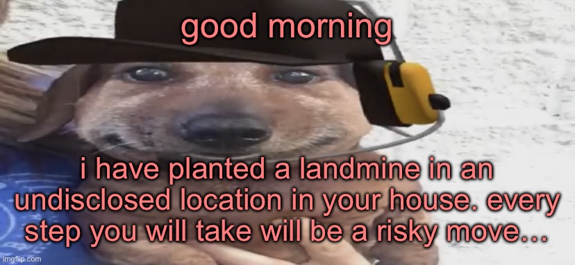 hahahhahahahhahahxhahhahahshshahabahahhahagagahah | good morning; i have planted a landmine in an undisclosed location in your house. every step you will take will be a risky move… | image tagged in chucklenuts | made w/ Imgflip meme maker