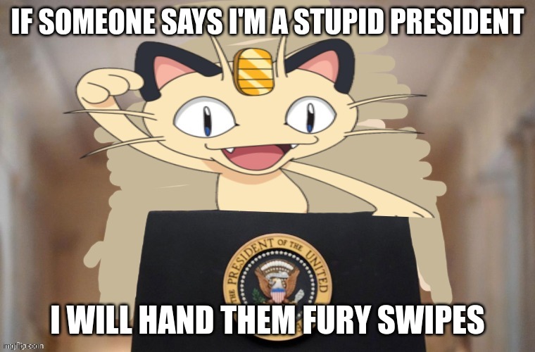 Meowth party | IF SOMEONE SAYS I'M A STUPID PRESIDENT I WILL HAND THEM FURY SWIPES | image tagged in meowth party | made w/ Imgflip meme maker