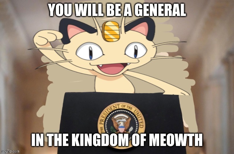 Meowth party | YOU WILL BE A GENERAL IN THE KINGDOM OF MEOWTH | image tagged in meowth party | made w/ Imgflip meme maker