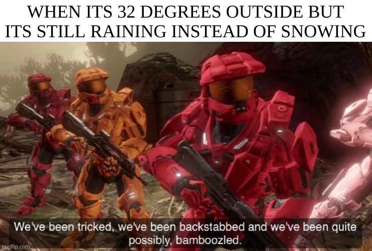 I hate this! | WHEN ITS 32 DEGREES OUTSIDE BUT ITS STILL RAINING INSTEAD OF SNOWING | image tagged in we've been tricked,snow | made w/ Imgflip meme maker
