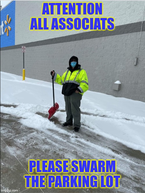Swarm | ATTENTION ALL ASSOCIATS; PLEASE SWARM THE PARKING LOT | image tagged in walmart,swarm,snowstorm,parking lot,shovel,depew ny | made w/ Imgflip meme maker