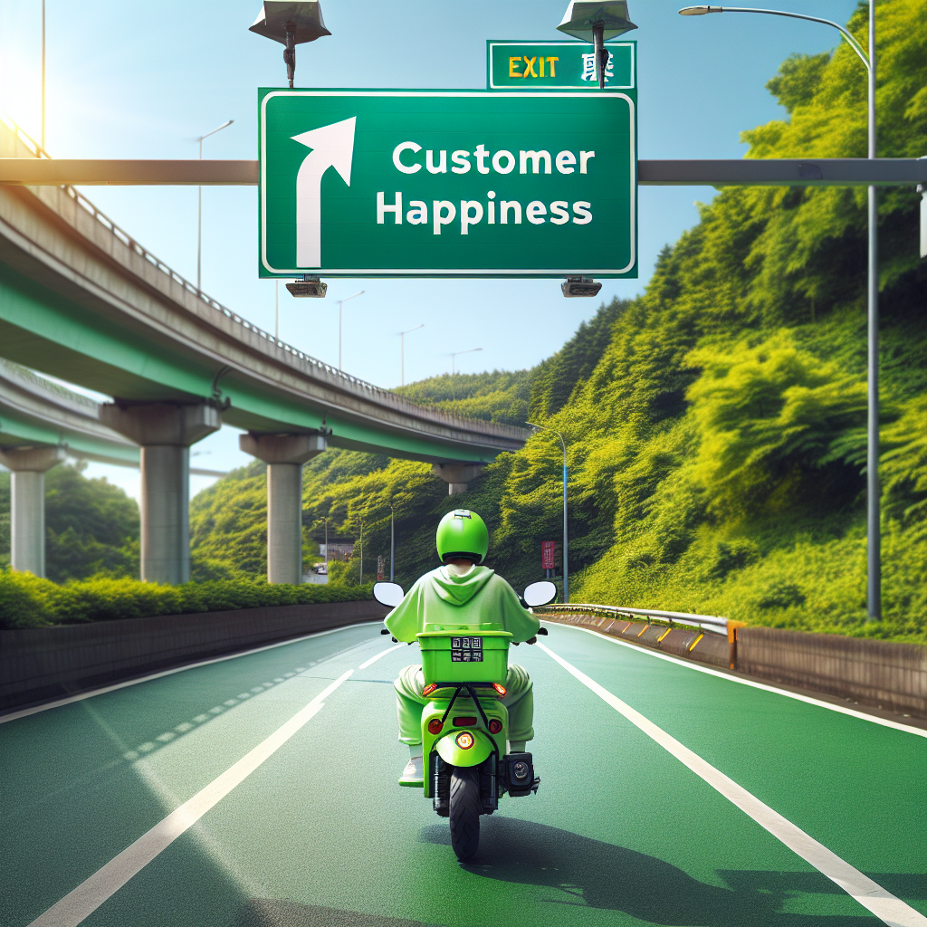 High Quality green e-moped taking an exit, board says "customer happiness" Blank Meme Template