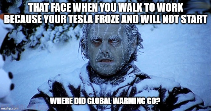 Saving the world through hypothermia | THAT FACE WHEN YOU WALK TO WORK BECAUSE YOUR TESLA FROZE AND WILL NOT START; WHERE DID GLOBAL WARMING GO? | image tagged in freezing cold,hypothermia,tesla,global warming,saving the world,i am a hero | made w/ Imgflip meme maker