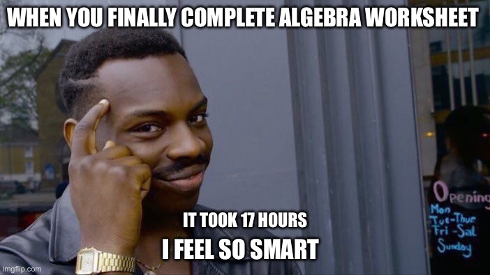 brian power | WHEN YOU FINALLY COMPLETE ALGEBRA WORKSHEET; IT TOOK 17 HOURS; I FEEL SO SMART | image tagged in memes,roll safe think about it | made w/ Imgflip meme maker