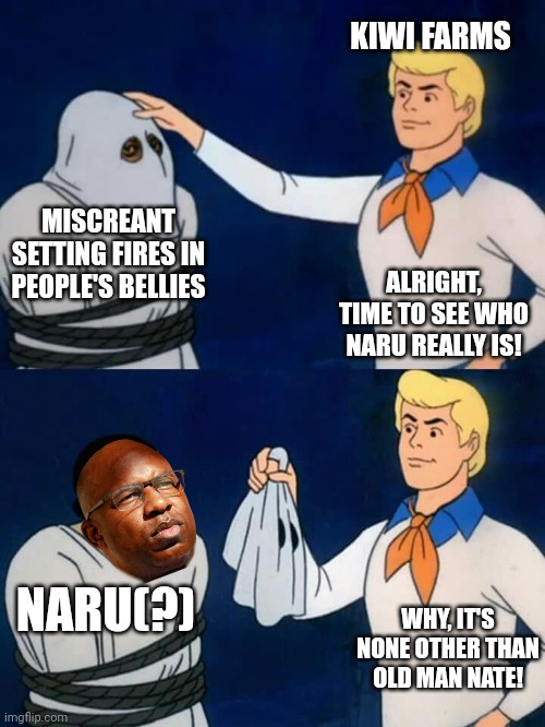 Scooby doo mask reveal | KIWI FARMS; MISCREANT SETTING FIRES IN PEOPLE'S BELLIES; ALRIGHT, TIME TO SEE WHO NARU REALLY IS! NARU(?); WHY, IT'S NONE OTHER THAN OLD MAN NATE! | image tagged in scooby doo mask reveal | made w/ Imgflip meme maker