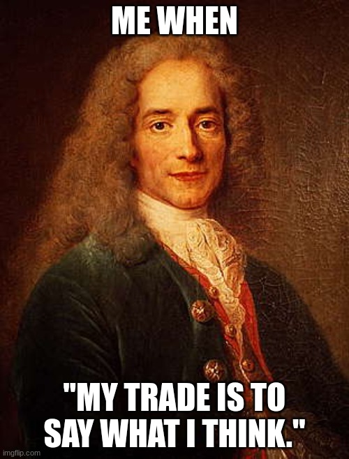 Voltaire | ME WHEN; "MY TRADE IS TO SAY WHAT I THINK." | image tagged in voltaire | made w/ Imgflip meme maker