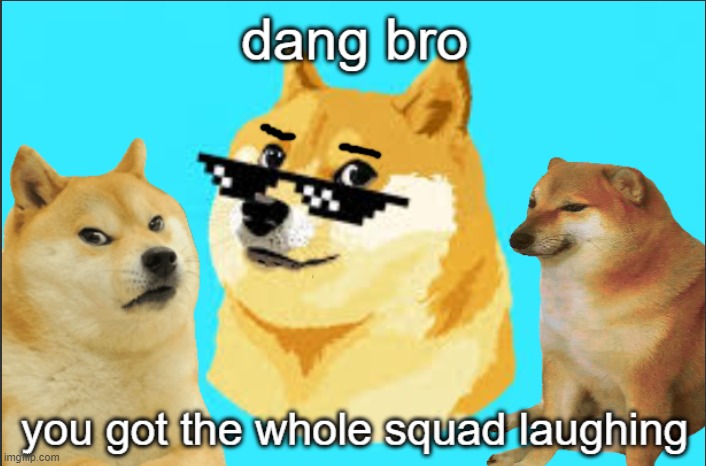 dang bro you got the whole squad laughing doge | image tagged in dang bro you got the whole squad laughing doge | made w/ Imgflip meme maker