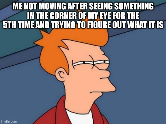 Futurama Fry Meme | ME NOT MOVING AFTER SEEING SOMETHING IN THE CORNER OF MY EYE FOR THE 5TH TIME AND TRYING TO FIGURE OUT WHAT IT IS | image tagged in memes,futurama fry | made w/ Imgflip meme maker