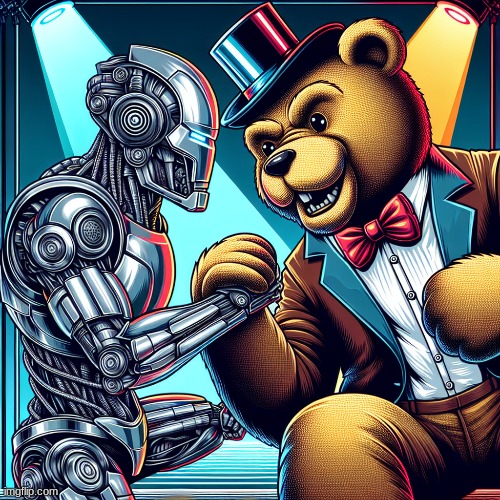 I asked for "Raiden fighting Freddy Fazbear" and instead it gave me iron man shaking his hand | image tagged in fnaf,iron man,ai meme | made w/ Imgflip meme maker