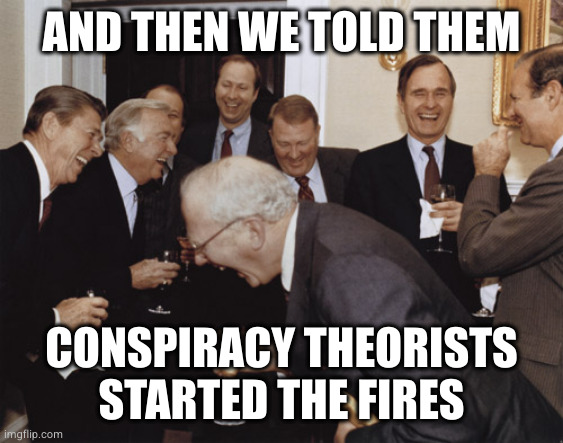 And then I told them | AND THEN WE TOLD THEM; CONSPIRACY THEORISTS STARTED THE FIRES | image tagged in and then i told them | made w/ Imgflip meme maker