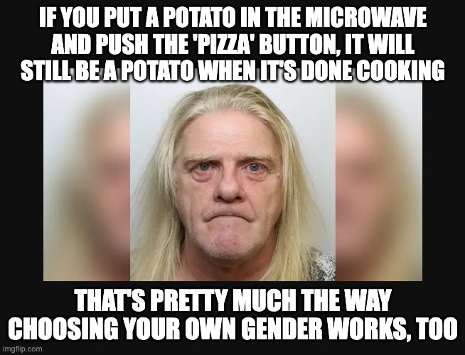 Follow the Directions Included with the Package | IF YOU PUT A POTATO IN THE MICROWAVE AND PUSH THE 'PIZZA' BUTTON, IT WILL STILL BE A POTATO WHEN IT'S DONE COOKING; THAT'S PRETTY MUCH THE WAY CHOOSING YOUR OWN GENDER WORKS, TOO | image tagged in gender confused,trans wrongs | made w/ Imgflip meme maker