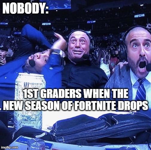 Could be 6th graders IDK | NOBODY:; 1ST GRADERS WHEN THE NEW SEASON OF FORTNITE DROPS | image tagged in ufc flip out,memes,fortnite,season,young peeps | made w/ Imgflip meme maker