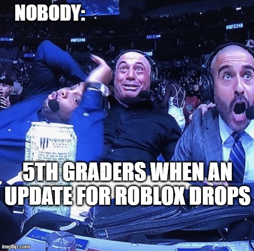 They know how they're spending their weekend | NOBODY:; 5TH GRADERS WHEN AN UPDATE FOR ROBLOX DROPS | image tagged in ufc flip out,memes,roblox,young peeps,nobody | made w/ Imgflip meme maker