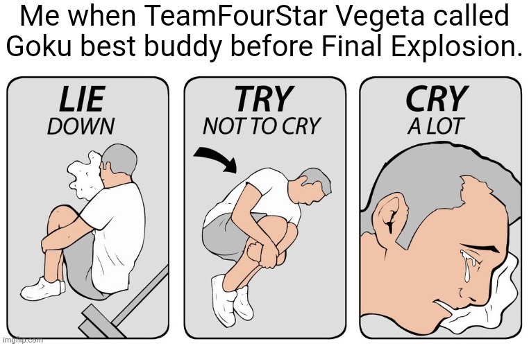 When mfs say "Cry about it" | Me when TeamFourStar Vegeta called Goku best buddy before Final Explosion. | image tagged in try not to cry,dragon ball z,teamfourstar,sad | made w/ Imgflip meme maker