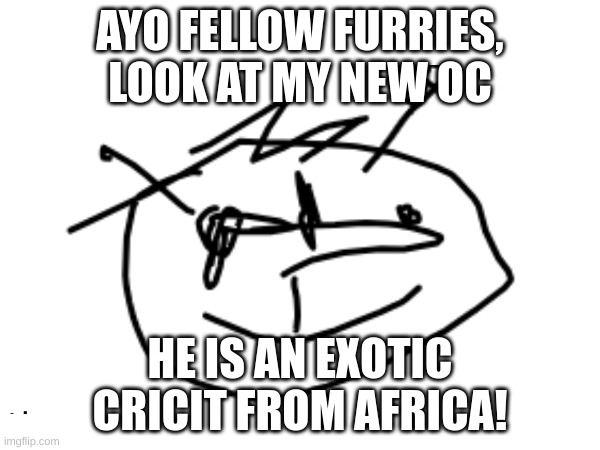 His name is Sir Watermellonmuncher FriedChicken | AYO FELLOW FURRIES, LOOK AT MY NEW OC; HE IS AN EXOTIC CRICIT FROM AFRICA! | image tagged in furry | made w/ Imgflip meme maker