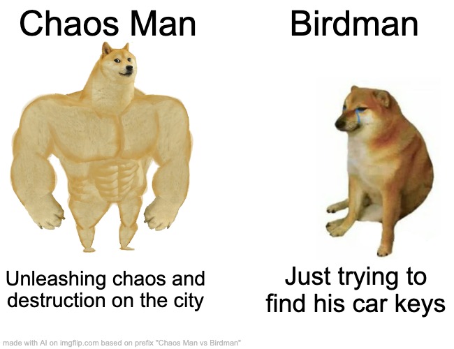 huh, neat | Chaos Man; Birdman; Unleashing chaos and destruction on the city; Just trying to find his car keys | image tagged in memes,buff doge vs cheems,chaos | made w/ Imgflip meme maker