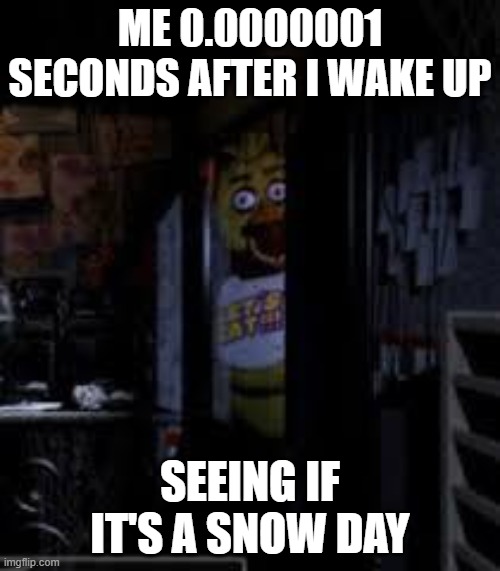 Chica Looking In Window FNAF | ME 0.0000001 SECONDS AFTER I WAKE UP; SEEING IF IT'S A SNOW DAY | image tagged in chica looking in window fnaf,fnaf,snow day,snow,wake up | made w/ Imgflip meme maker