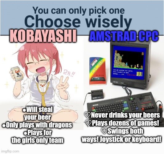 Classic games or dragon loving waifu? | AMSTRAD CPC; KOBAYASHI; ●Will steal your beer
●Only plays with dragons 
●Plays for the girls only team; ♡Never drinks your beers
♡Plays dozens of games!
♡Swings both ways! Joystick or keyboard! | image tagged in you can pick only one choose wisely,classic,games,kobayashi | made w/ Imgflip meme maker