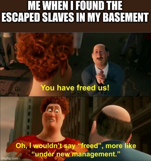 True story | ME WHEN I FOUND THE ESCAPED SLAVES IN MY BASEMENT | image tagged in under new management | made w/ Imgflip meme maker