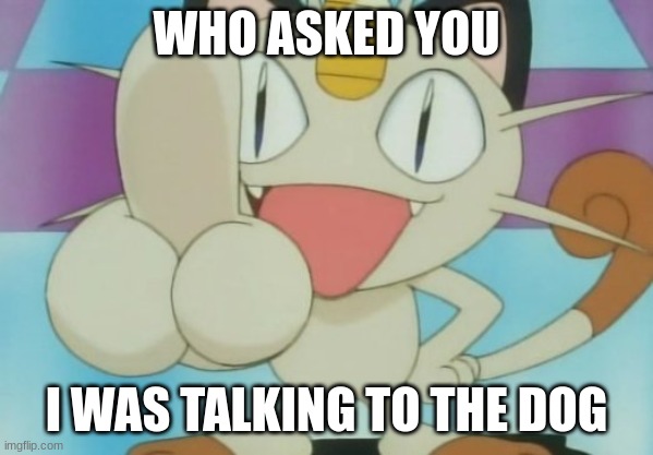 Meowth Dickhand | WHO ASKED YOU I WAS TALKING TO THE DOG | image tagged in meowth dickhand | made w/ Imgflip meme maker