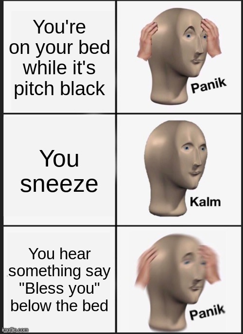 My Brain thinking of fake scenarios | You're on your bed while it's pitch black; You sneeze; You hear something say "Bless you" below the bed | image tagged in memes,panik kalm panik | made w/ Imgflip meme maker