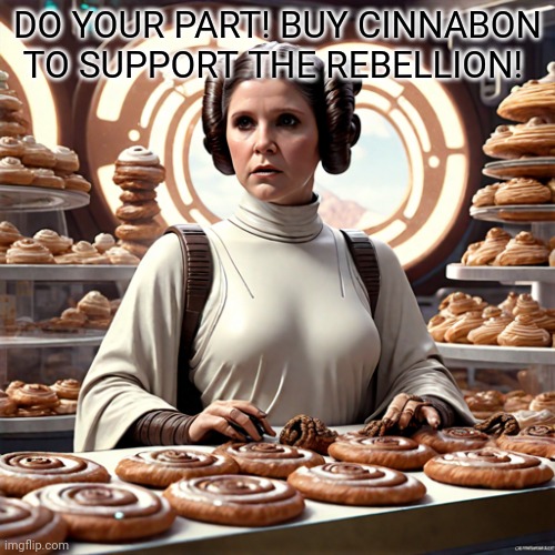 Support the Rebellion | DO YOUR PART! BUY CINNABON TO SUPPORT THE REBELLION! | image tagged in support,rebellion,princess leia,works at cinnabon | made w/ Imgflip meme maker