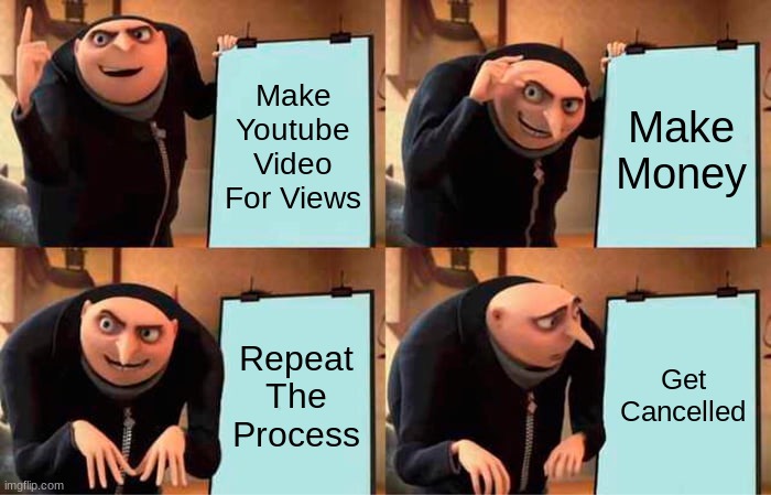 Every Single Youtuber That Wants A Comeback | Make Youtube Video For Views; Make Money; Repeat The Process; Get Cancelled | image tagged in memes,gru's plan,youtubers,facts,views,fun | made w/ Imgflip meme maker