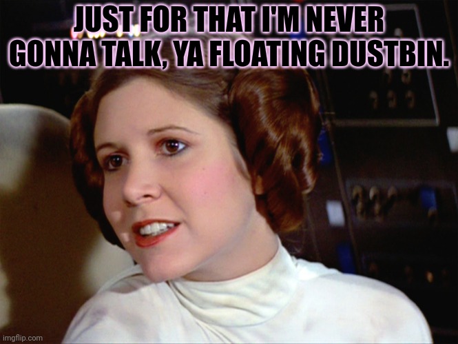 Princess Leia too easy | JUST FOR THAT I'M NEVER GONNA TALK, YA FLOATING DUSTBIN. | image tagged in princess leia too easy | made w/ Imgflip meme maker