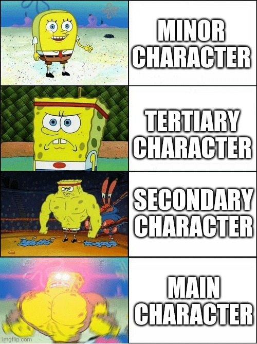 Characters | MINOR CHARACTER; TERTIARY CHARACTER; SECONDARY CHARACTER; MAIN CHARACTER | image tagged in sponge finna commit muder | made w/ Imgflip meme maker