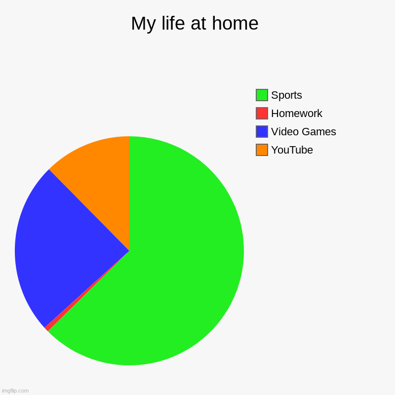 My life at home | YouTube, Video Games, Homework, Sports | image tagged in charts,pie charts,my life | made w/ Imgflip chart maker