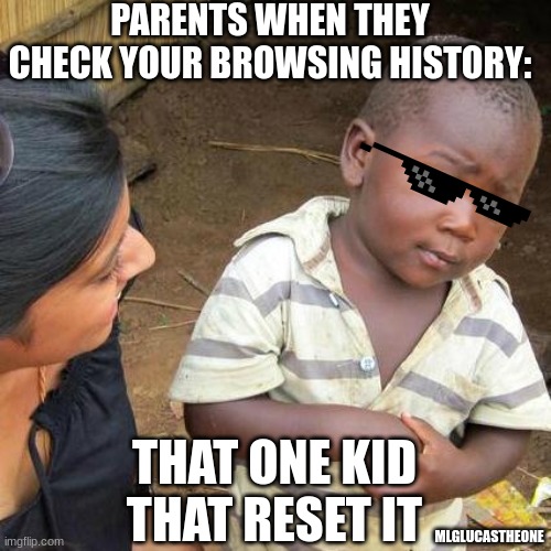 When The Kid Is Smarter | PARENTS WHEN THEY CHECK YOUR BROWSING HISTORY:; THAT ONE KID THAT RESET IT; MLGLUCASTHEONE | image tagged in memes,third world skeptical kid,smart,browser history,fun,mlglucastheone | made w/ Imgflip meme maker