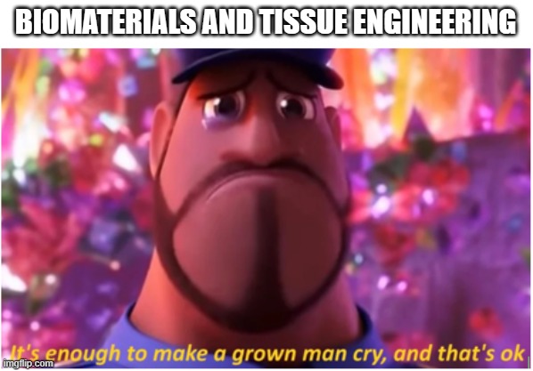 It's enough to make a grown man cry and that's ok | BIOMATERIALS AND TISSUE ENGINEERING | image tagged in it's enough to make a grown man cry and that's ok,materials,tissue,engineering,biomedical,uni | made w/ Imgflip meme maker