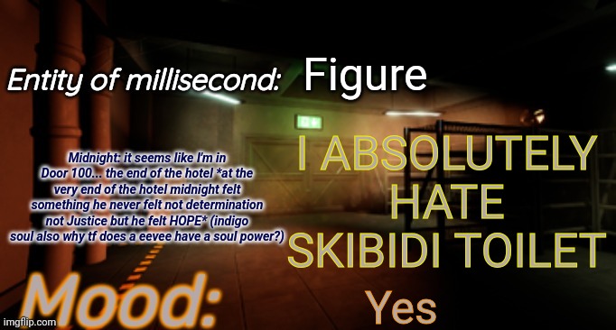 Midnight announcement temp | Figure; I ABSOLUTELY HATE SKIBIDI TOILET; Yes | image tagged in midnight announcement temp | made w/ Imgflip meme maker