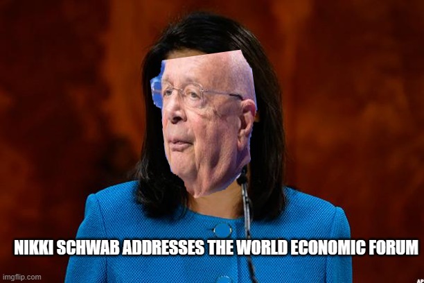 Globalist pawn in a Blue Dress... | NIKKI SCHWAB ADDRESSES THE WORLD ECONOMIC FORUM | image tagged in nikki haley | made w/ Imgflip meme maker