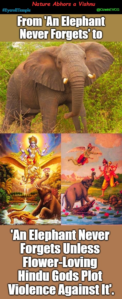 Nature Abhors a Vishnu [RU+] | Nature Abhors a Vishnu; @OzwinEVCG; #EyerollTemple | image tagged in catchy eyerolls,hinduism,catchy slogans,religious humor,elephants never forget,vacuum cleaner | made w/ Imgflip meme maker