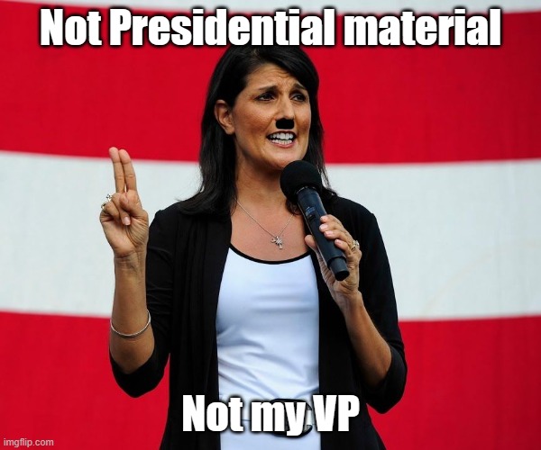 Never Haley- only becuase she claims it's a 2 person race after coming in third and hasn't dropped out | Not Presidential material; Not my VP | image tagged in nikki haley | made w/ Imgflip meme maker
