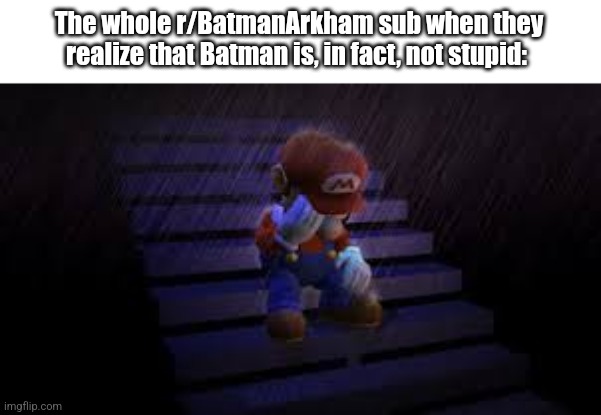 How come the sub hasn't realized this yet? Are they stupid? | The whole r/BatmanArkham sub when they realize that Batman is, in fact, not stupid: | image tagged in sad mario | made w/ Imgflip meme maker