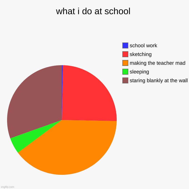 what i do at school | staring blankly at the wall, sleeping, making the teacher mad, sketching, school work | image tagged in charts,pie charts | made w/ Imgflip chart maker