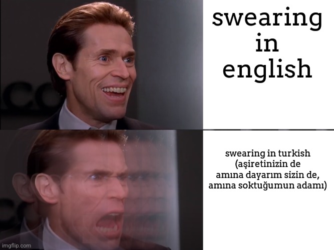 Willem Dafoe | swearing in english; swearing in turkish (aşiretinizin de amına dayarım sizin de, amına soktuğumun adamı) | image tagged in willem dafoe | made w/ Imgflip meme maker