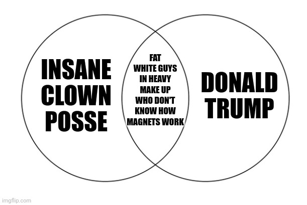 Ducking Magnets, How Do They Work? | FAT WHITE GUYS IN HEAVY MAKE UP WHO DON'T KNOW HOW MAGNETS WORK; DONALD TRUMP; INSANE CLOWN POSSE | image tagged in venn diagram | made w/ Imgflip meme maker