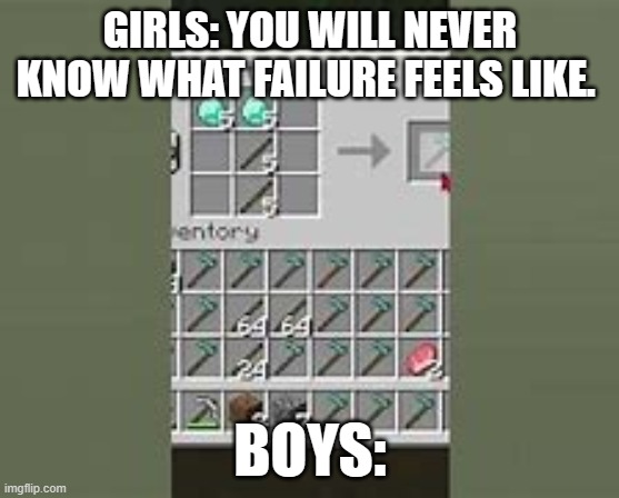 GIRLS: YOU WILL NEVER KNOW WHAT FAILURE FEELS LIKE. BOYS: | image tagged in funny,minecraft memes | made w/ Imgflip meme maker