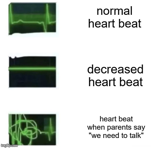The scariest moment of my life... | normal heart beat; decreased heart beat; heart beat when parents say
"we need to talk" | image tagged in heart beat goes insane,memes,funny | made w/ Imgflip meme maker