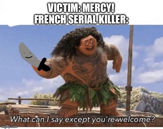 French Joke #2 | VICTIM: MERCY!
FRENCH SERIAL KILLER: | image tagged in what can i say except you're welcome | made w/ Imgflip meme maker