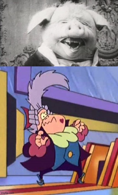 Thadius Vent gets surprised by an evil pig from the 1907 French silent short film Le Cochon Danseur (English: The Dancing Pig) | image tagged in pig | made w/ Imgflip meme maker