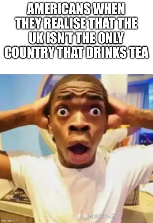 Surprised | AMERICANS WHEN THEY REALISE THAT THE UK ISN’T THE ONLY COUNTRY THAT DRINKS TEA | image tagged in surprised | made w/ Imgflip meme maker