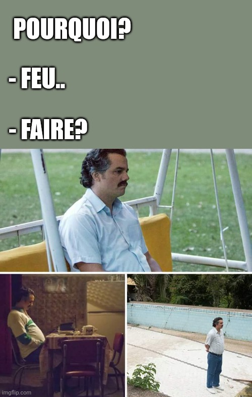La question se pose, la réponse s'oppose(?) | POURQUOI? - FEU.. - FAIRE? | image tagged in memes,sad pablo escobar,french,france,french fries,why | made w/ Imgflip meme maker