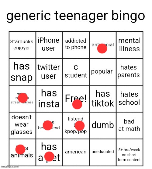 Not Bingo ? | image tagged in generic teenager bingo | made w/ Imgflip meme maker