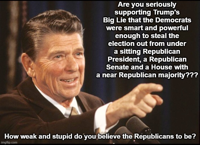 Reagan Trump's big lie Democrats Republicans | Are you seriously supporting Trump's Big Lie that the Democrats were smart and powerful enough to steal the election out from under a sitting Republican President, a Republican Senate and a House with a near Republican majority??? How weak and stupid do you believe the Republicans to be? | image tagged in election 2020,stop the steal,smart,stupid | made w/ Imgflip meme maker