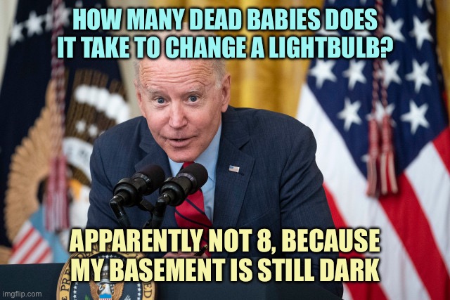 Biden Whisper | HOW MANY DEAD BABIES DOES IT TAKE TO CHANGE A LIGHTBULB? APPARENTLY NOT 8, BECAUSE MY BASEMENT IS STILL DARK | image tagged in biden whisper,memes | made w/ Imgflip meme maker