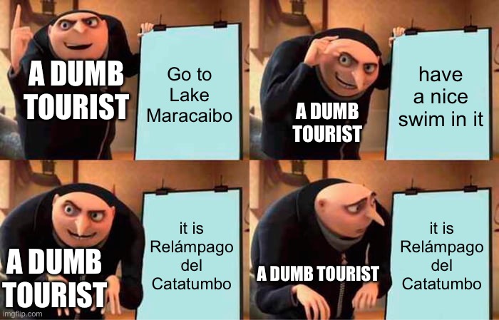 gru's "relaxing" swim | Go to Lake Maracaibo; have a nice swim in it; A DUMB TOURIST; A DUMB TOURIST; it is Relámpago del Catatumbo; it is Relámpago del Catatumbo; A DUMB TOURIST; A DUMB TOURIST | image tagged in memes,gru's plan | made w/ Imgflip meme maker